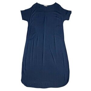 Soft Surroundings Navy Blue Sunset Shift Midi Maxi Dress V-Neck Pockets